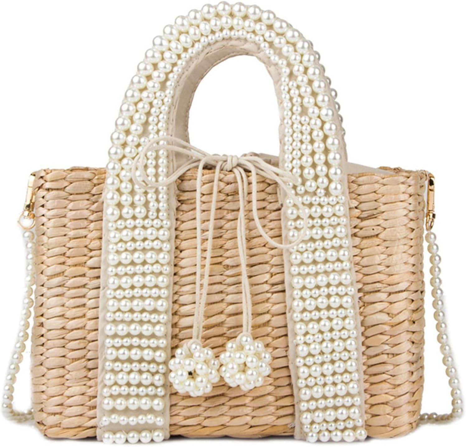 Pearl Rattan Women Handbags Beading Wicker Woven Shoulder Bags Luxury Summer Beach Straw Bag Larg... | Amazon (US)
