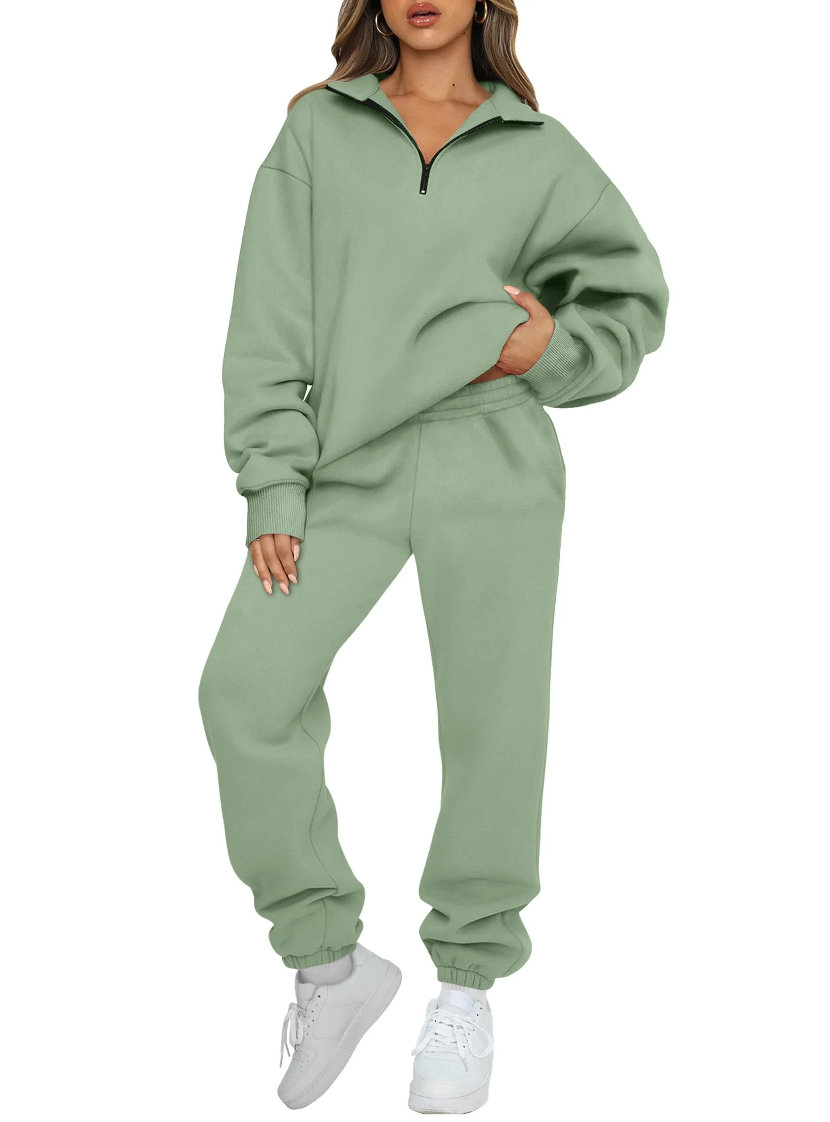 SUNBS Women's Sweatsuits 2 Piece Outfits Long Sleeve Half Zip Pullover and Baggy Sweatpants with ... | Walmart (US)