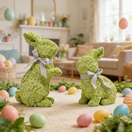 Easter Bunny decor Set of 2, Resin Rabbit Statues, Home Decor Spring Bunny Figurines, Fake Flowers Bunny Sculptures Table Centerpiece, Vintage Farmhouse Indoor Decor Gift, Pink/Green | Walmart (US)