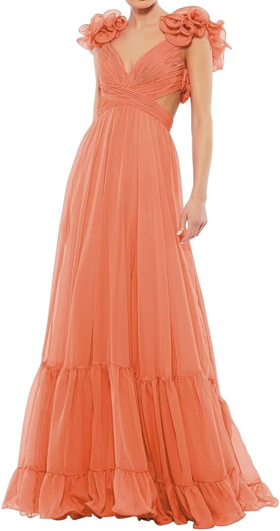Chiffon Ruffle Prom Dresses Long for Women A Line Bridesmaid Dresses Tiered Backless Formal Eveni... | Amazon (US)