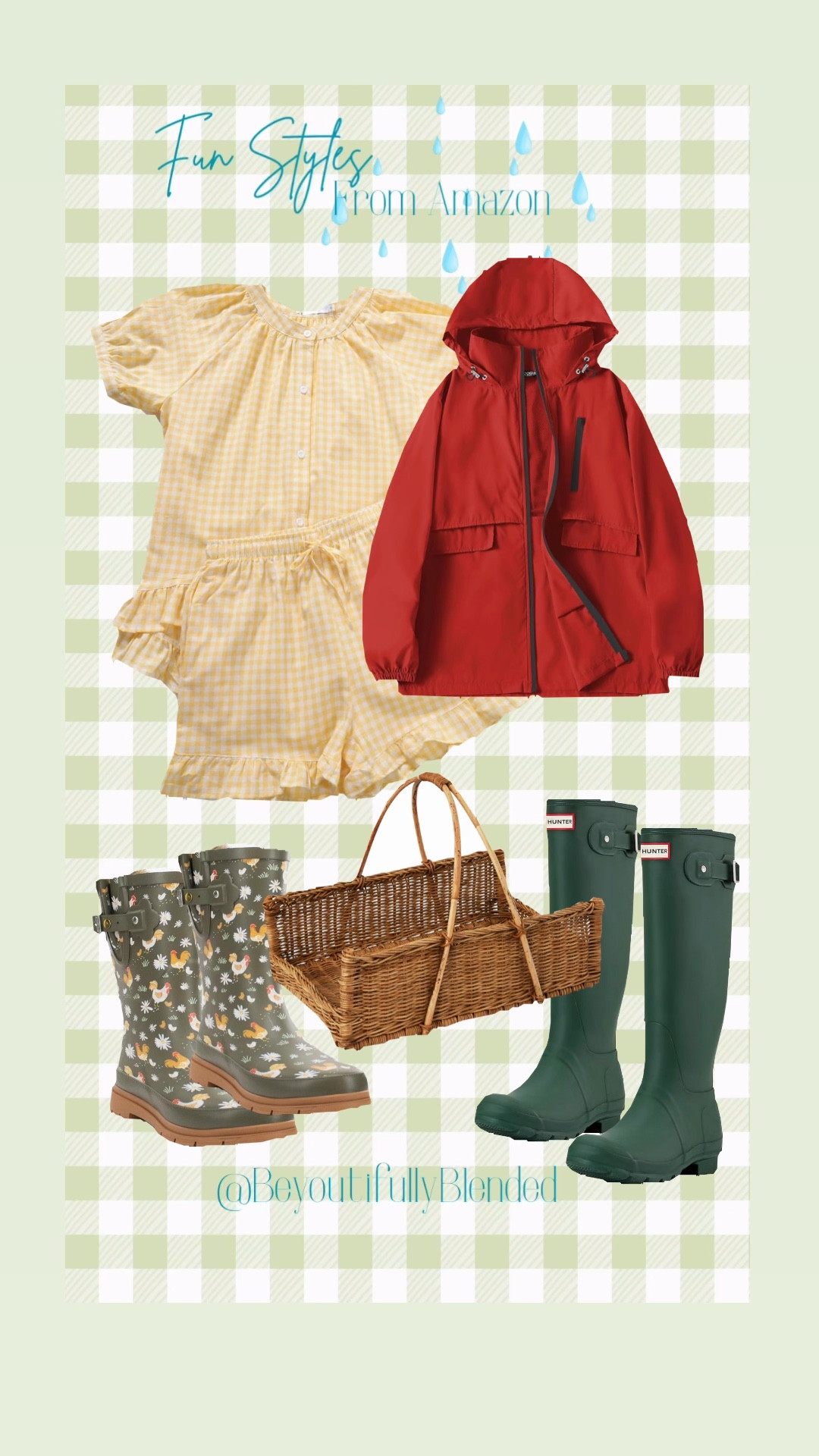 Need to gather the eggs from the chicken coop or the harvest from the garden but the rain is in the way! 
Rainy days but make it cute ☔️💚

These Amazon finds are giving cozy + practical in the best way! From the sweetest gingham set to must-have rain boots and a pop of red for those drizzly days… you’ll be ready for anything spring throws your way 🌼

✔️ Lightweight rain jacket  
✔️ Adorable matching set  
✔️ Classic Hunter boots + fun printed pair  
✔️ The cutest picnic-ready basket  

BeYoutifully blending style + everyday life, even in the rain 💫

Shop everything linked in my LTK! @BeYoutifullyBlended  
#LTKStyle #SpringStyle #RainyDayOutfits #AmazonF

#LTKSeasonal
