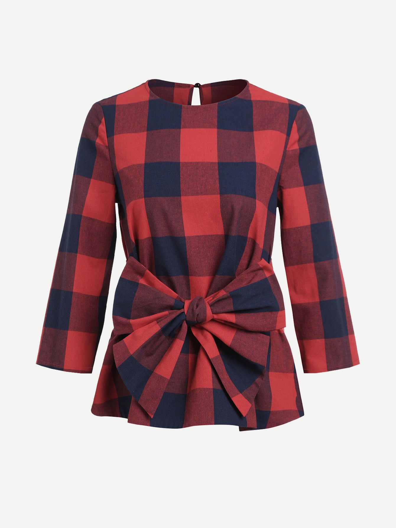 Bow Belted Keyhole Back Gingham Top | SHEIN