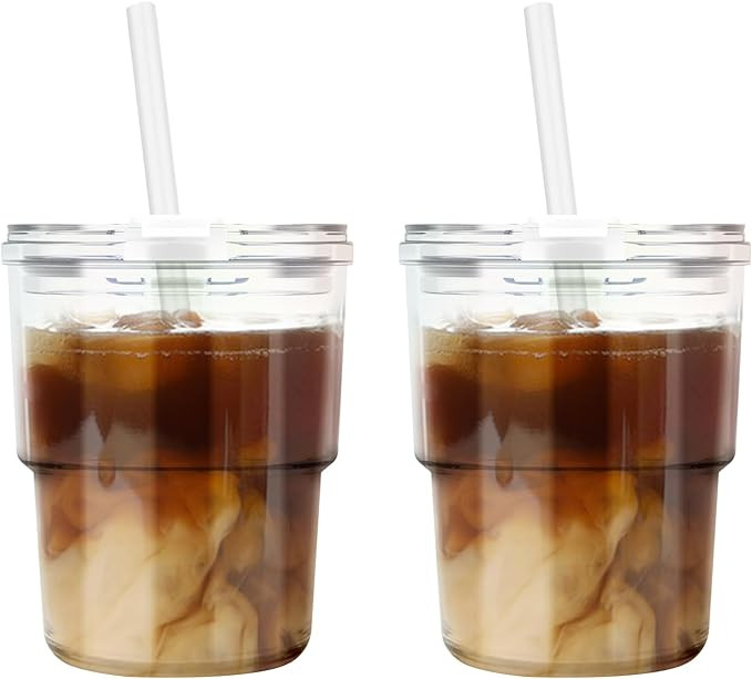 13oz Tumbler Water Glass with Straw and Lid, 2 Pack Glass Coffee Cups gifts, Sealed Carry-On Glas... | Amazon (US)