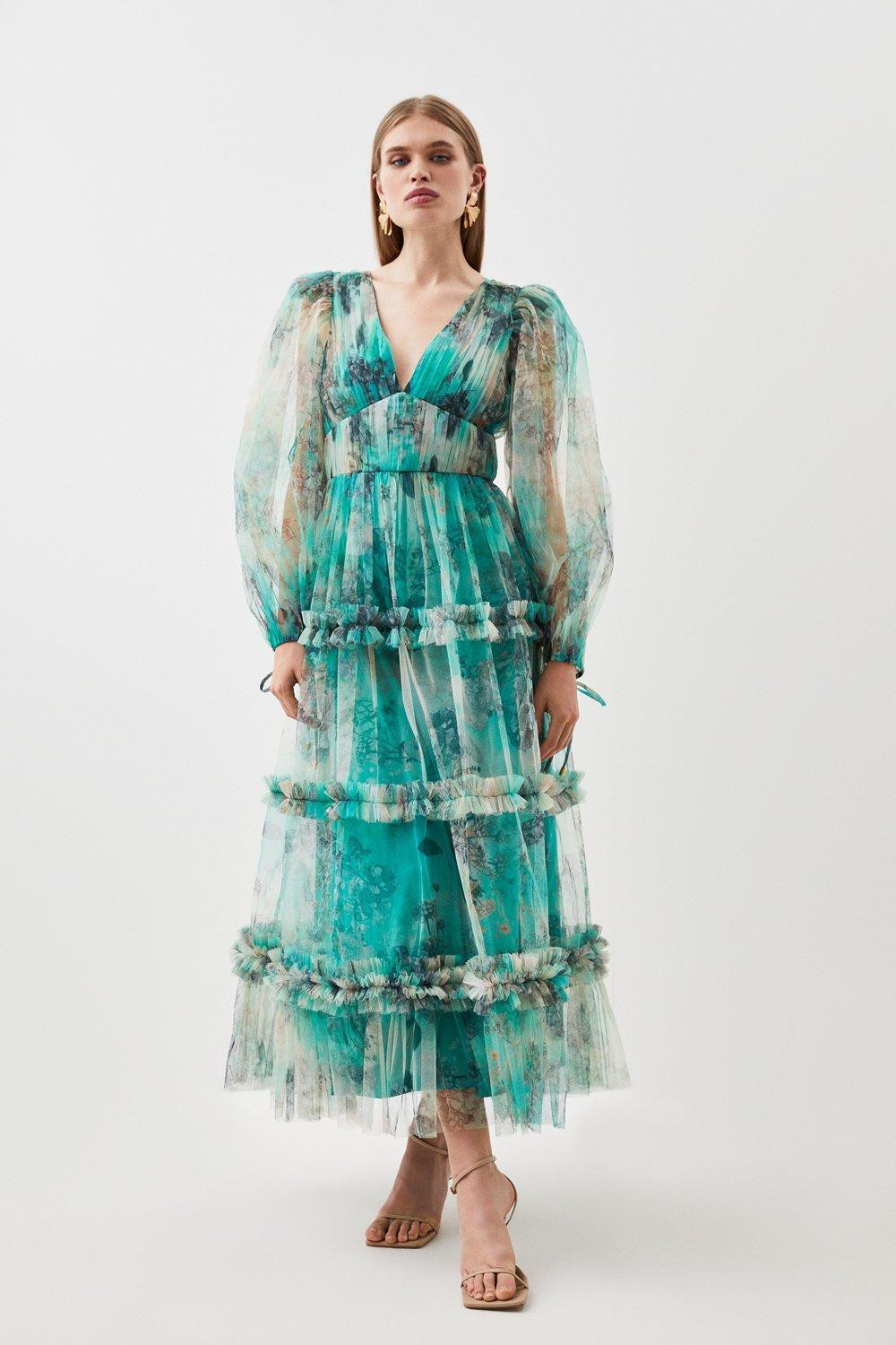 Floral Tulle Plunge Woven Maxi Dress | Karen Millen UK + IE + DE + NL
