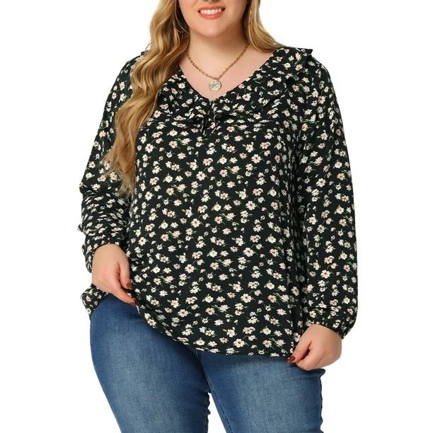 Agnes Orinda Women's Plus Size Elegant Ruffle V Neck Long Sleeves Floral Blouse - Walmart.com | Walmart (US)