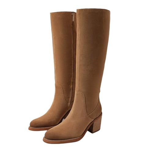 ZJGZF Brown Suede Knee High Boots Women Chunky Heel Round Toe Tall Heeled Boots for Women Side Zipper Comfortable Fashion | Amazon (US)