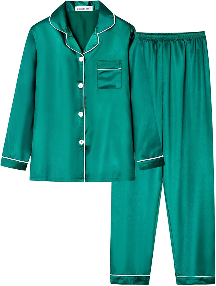 Satin Pajamas for Big Girls Unisex Kids Silk Button Down Long Sleeve & Pants PJS 2PCS Size 8-16 | Amazon (US)