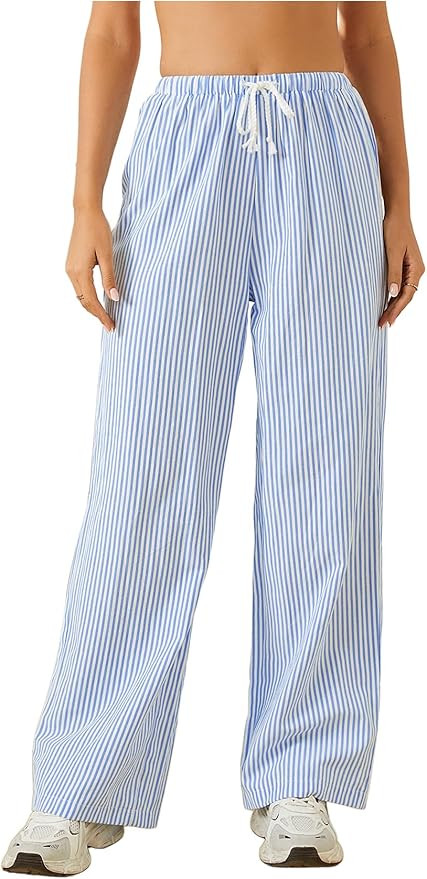 Women's Striped Print Straight Wide Leg Linen Pants Drawstring Waist Slant Pockets Pants Casual L... | Amazon (US)