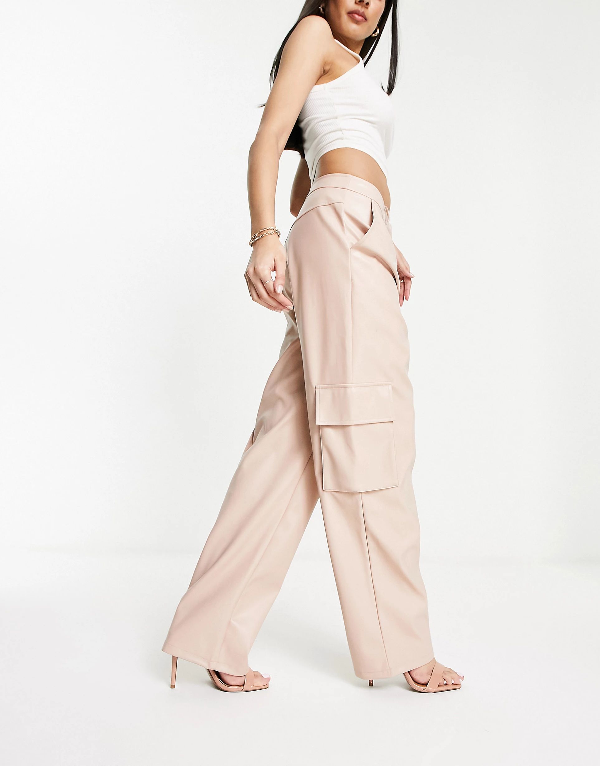 Miss Selfridge faux leather wide leg cargo pants in taupe | ASOS (Global)