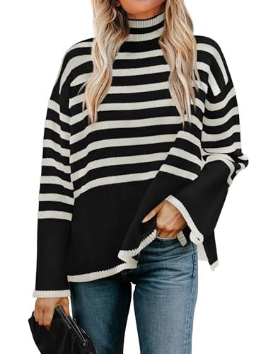 ZESICA Women's Winter Sweaters Casual Turtleneck Long Sleeve Striped Side Slit Loose Pullover Sweater Jumper Tops,Black,Large | Amazon (US)