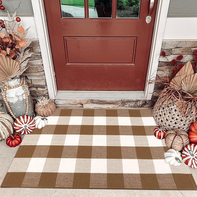 CAINANEL Fall Door Mat Front Door Rug Farmhouse Brown and White Buffalo Check Rug Layered Welcome... | Amazon (US)