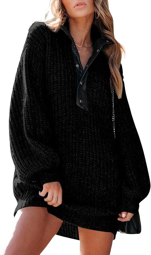 BLENCOT Women Long Sleeve Button V Neck Oversized Sweater Dress Casual Loose Trendy Pullover Knit... | Amazon (US)