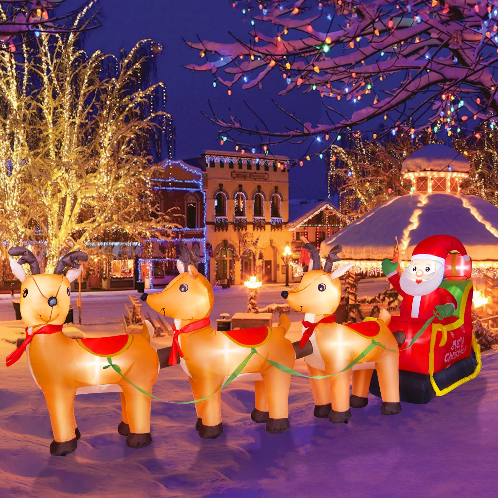 12FT Long Christmas Inflatables Outdoor Decorations, Inflatables Santa Claus on Reindeer Sleigh B... | Amazon (US)