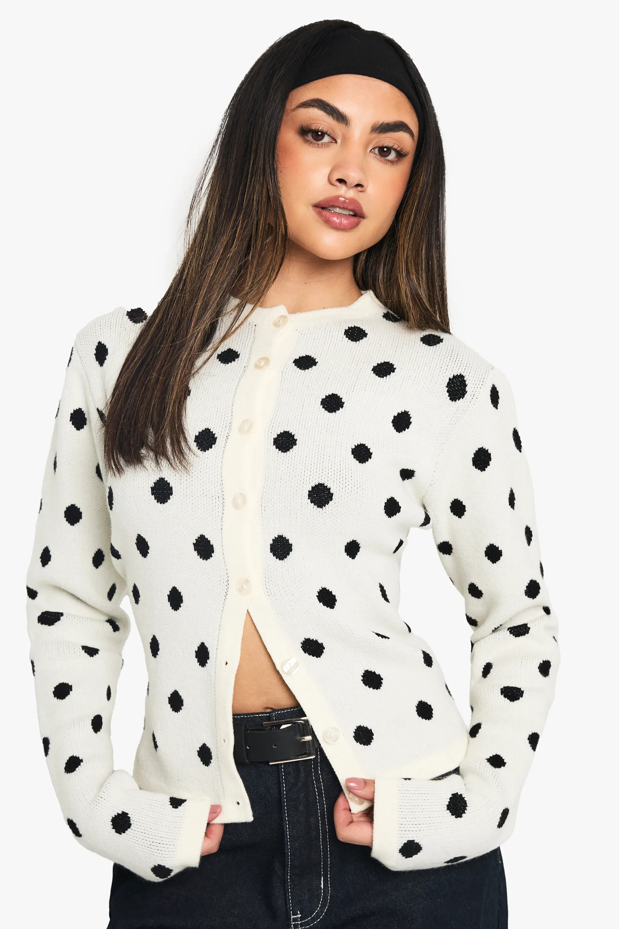 Polka Dot Crew Neck Knitted Cardigan | Boohoo.com (UK & IE)