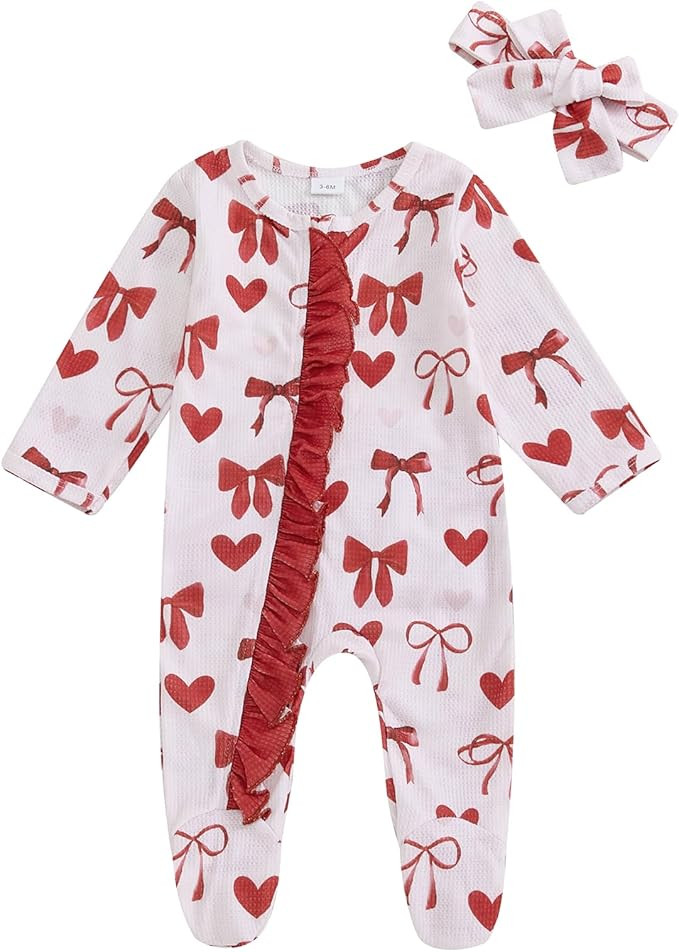 Newborn Baby Girl Bow Heart Footies Romper Long Sleeve Sleeper Headband Zip Up Footed Overalls Co... | Amazon (US)