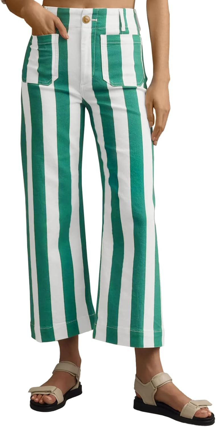 Tankaneo Womens Cropped Striped Jeans High Waisted Wide Leg Denim Pants | Amazon (US)