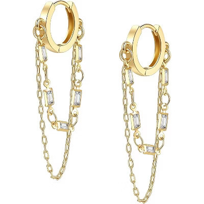 14K Gold Plated Huggie Earrings with Tassel Chain, Heart & CZ Designs, Friendship Gift Gold One Size | Target