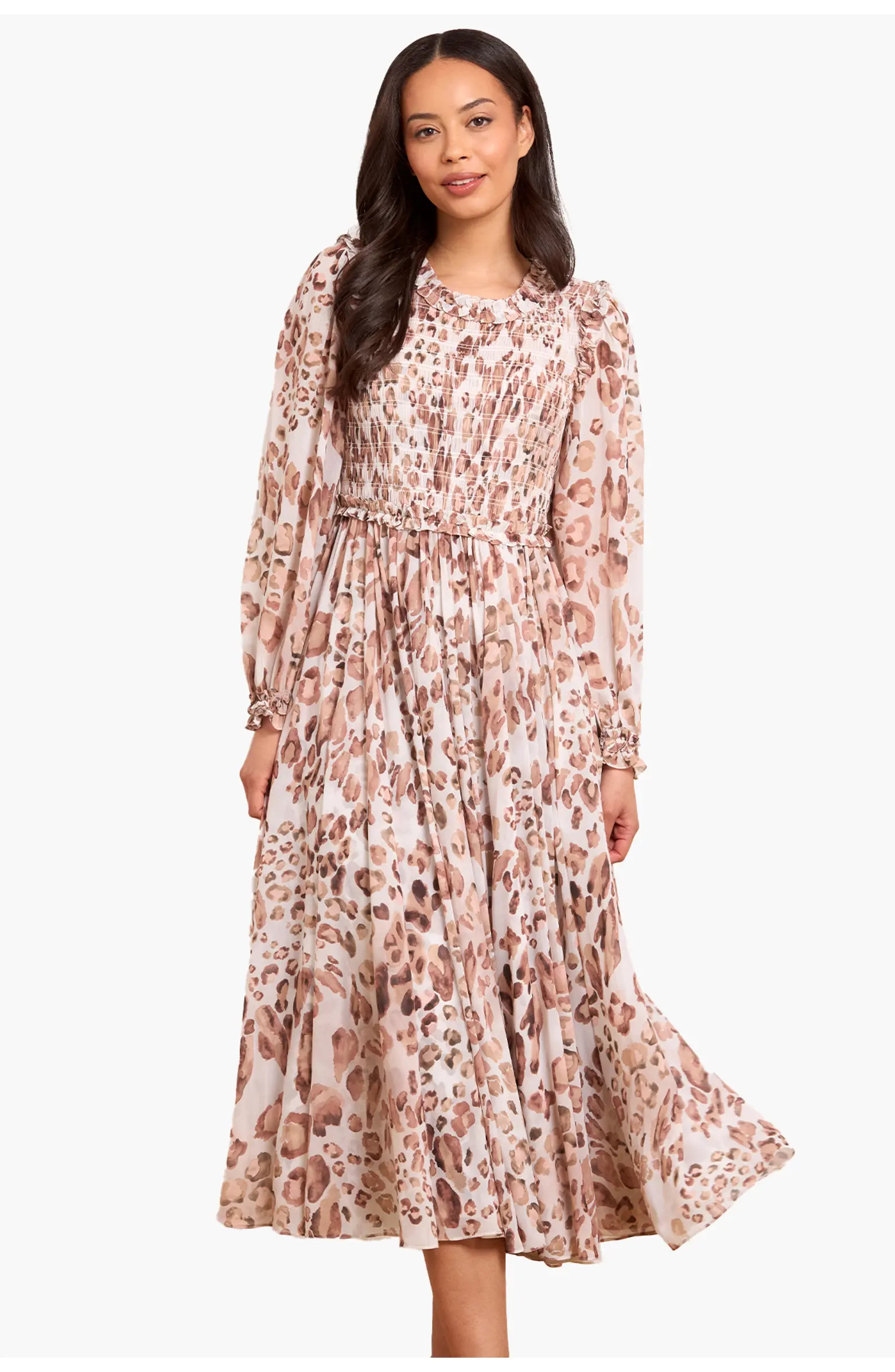 Needle & Thread Leopard Chiffon Smocked Ballerina Dress | Nordstrom | Nordstrom