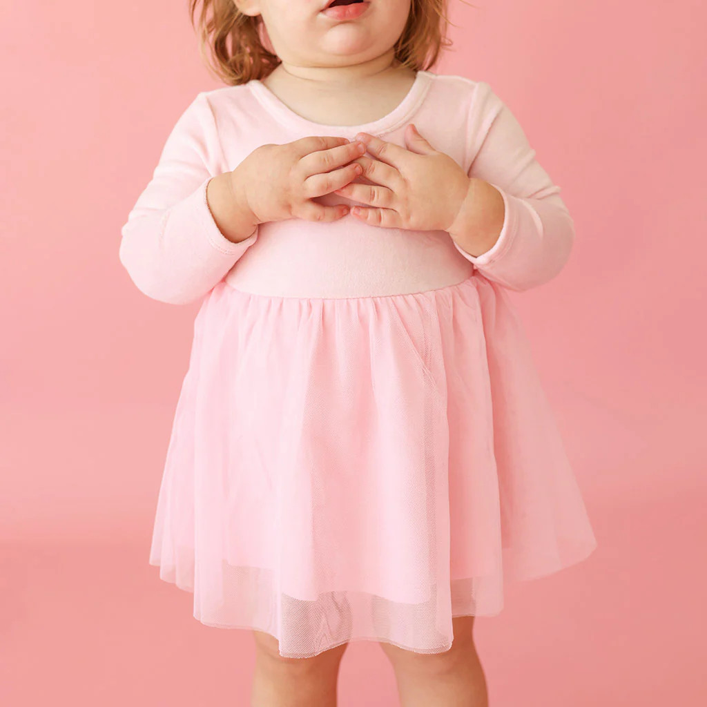 Solid Pink Long Sleeve Starry Pink Velour Tulle Bodysuit Dress | Posh Peanut® | Posh Peanut
