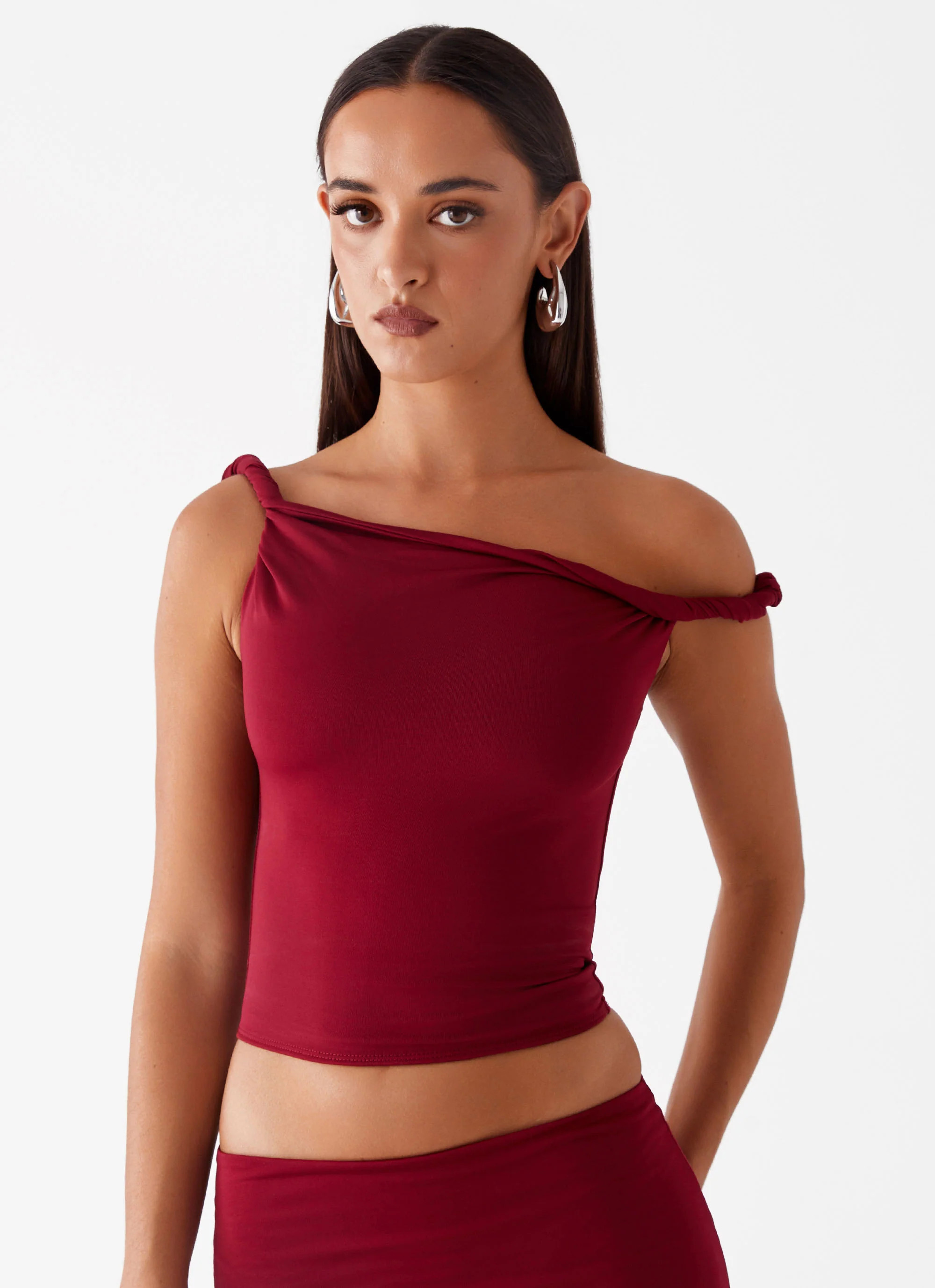 Solace Soul Twist Shoulder Top - Maroon | Peppermayo (Global)