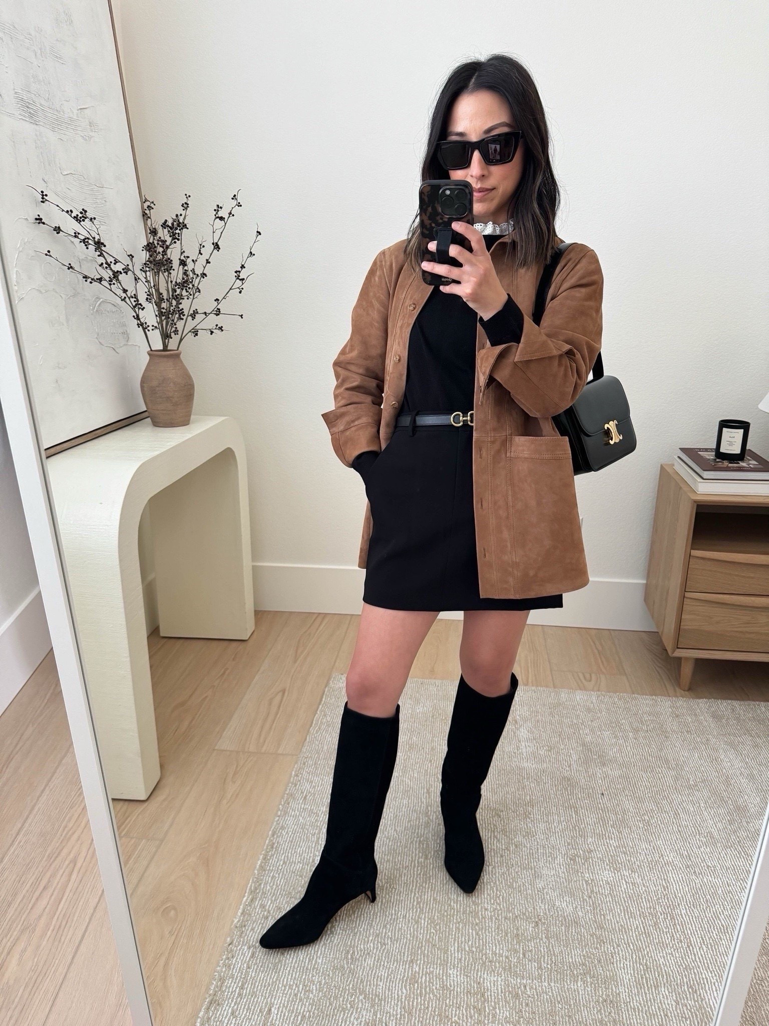 Fall outfit idea with tall boots. 

Sezane jacket small
Sezane sweater small
Theory skirt 0 (old)
J.Crew boots 5.5
Celine Triompe bag medium
Edited Pieces belt xs
YSL sunglasses

Fall outfits, fall fashion, boots, petite
Style

#LTKSeasonal #LTKCyberWeek #LTKPetite