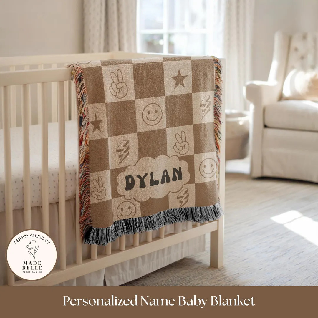 Personalized Checkered Baby Name Blanket Custom Smiley Face Newborn Boy Gift Modern Skater Nurser... | Etsy (US)