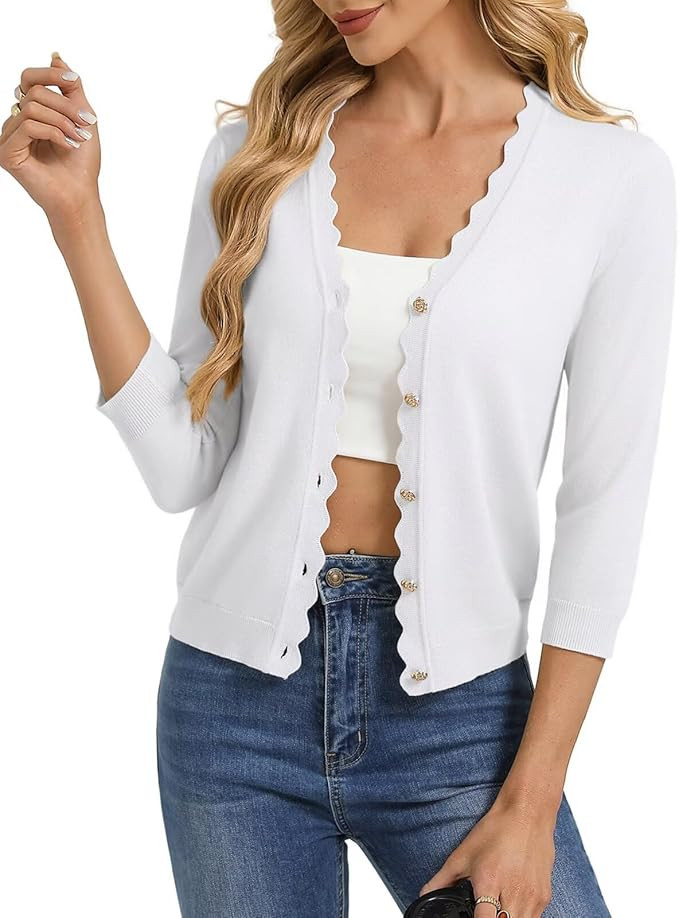 Women's 3/4 Sleeve V Neck Button Down Lightweight Cardigan Sweater Open Front Dressy Shrugs Sprin... | Amazon (US)
