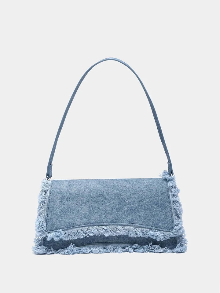 1pc Denim Blue Fringe Decorated Flap Crossbody Bag | SHEIN