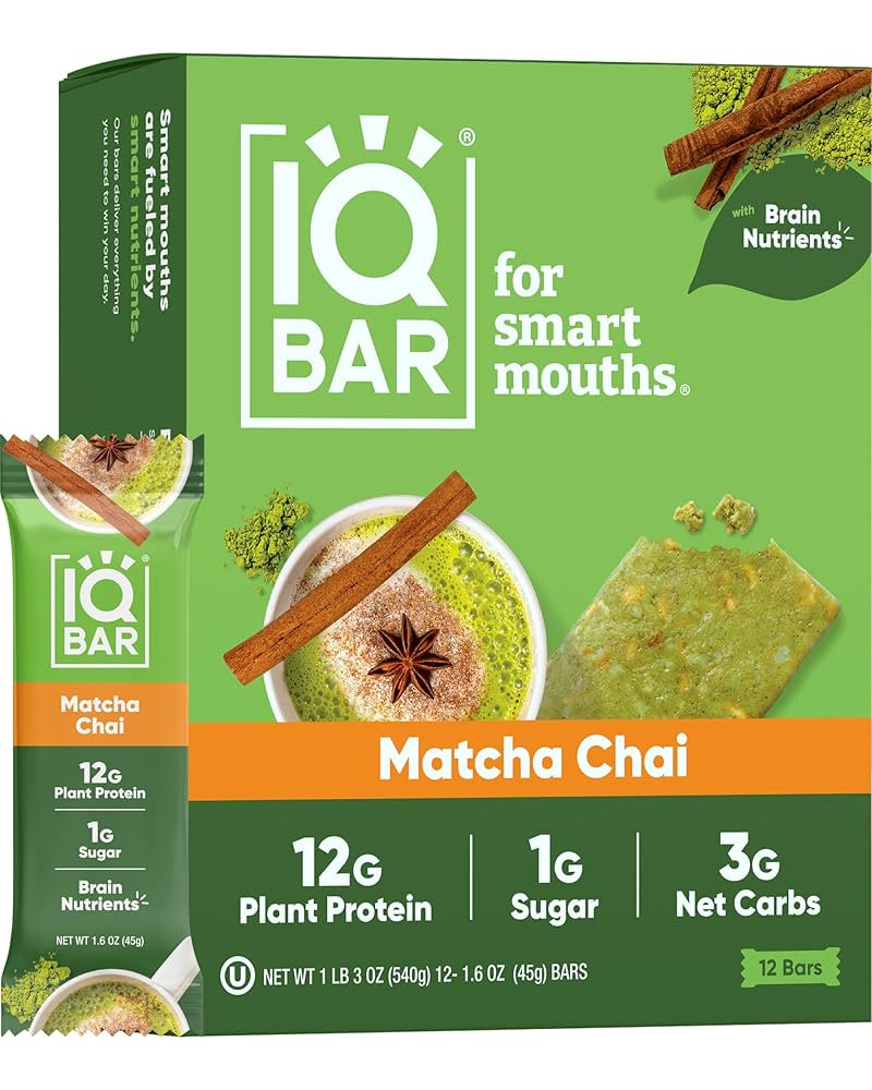 IQBAR Brain and Body Plant Protein Bars - Matcha Chai - 12-Count Low Carb - Gluten Free, High Fib... | Amazon (US)