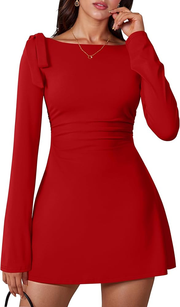 Women's Long Sleeve Boat Neck Bodycon Ruched Elegant Bow Tie Party Mini Dress | Amazon (US)