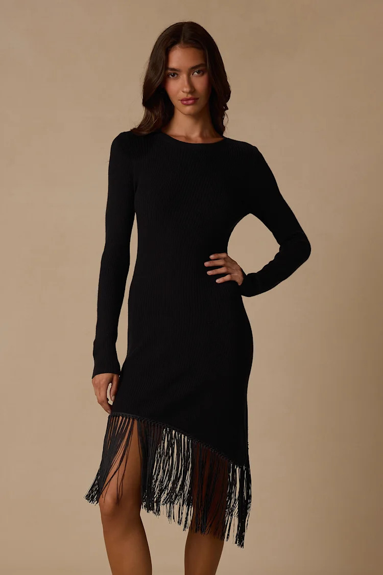 Lilyrose Black Asymmetrical Fringe Sweater Dress | Lulus