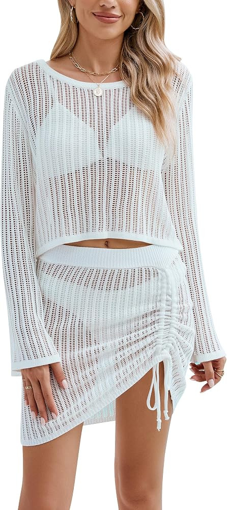 BMJL Women 2 Piece Swimsuit Coverup Crochet Hollow Out Bathing Suit Cover Up Beach Crop Top Draws... | Amazon (US)