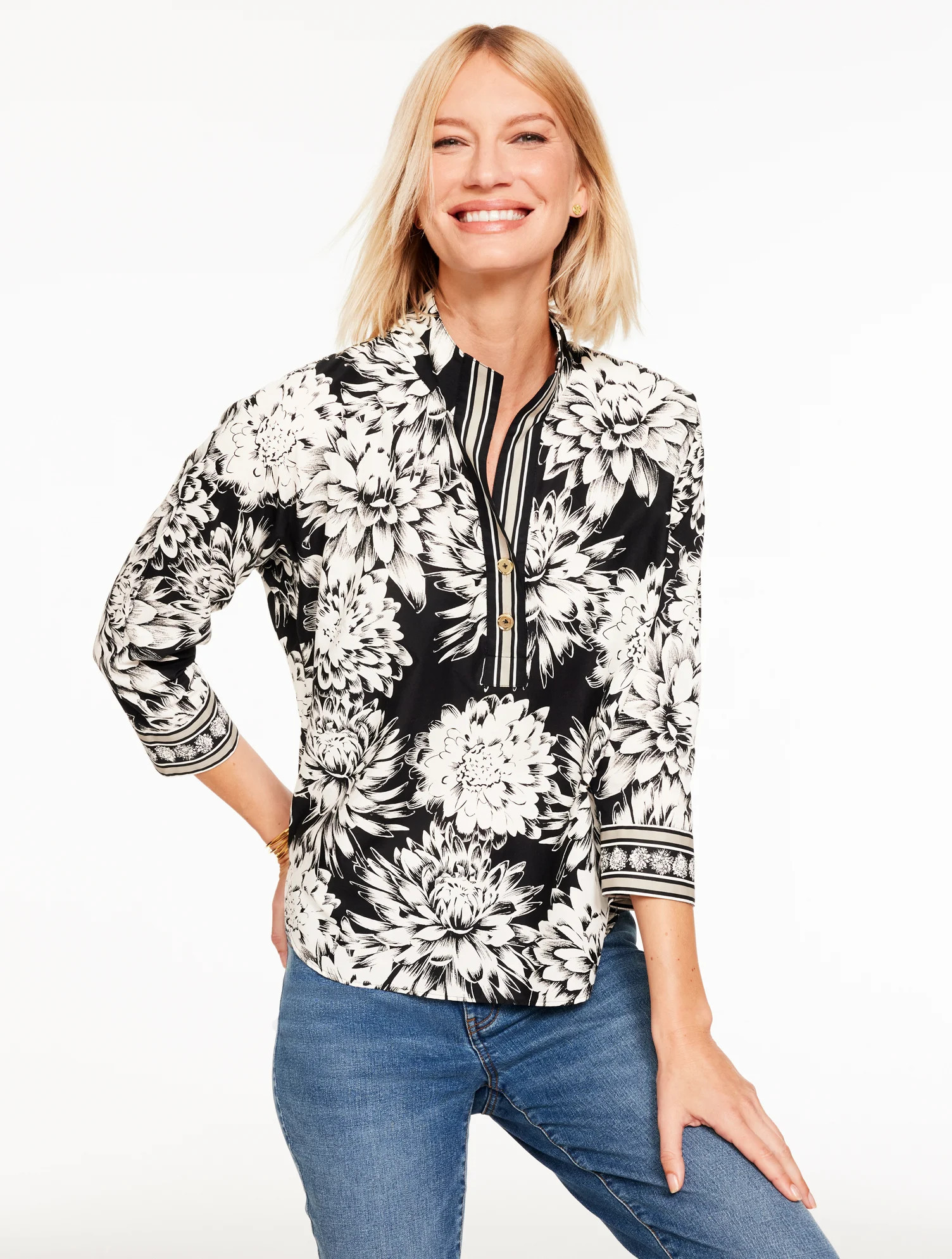Poplin Popover Shirt - Dynamic Floral - Black/Ivory - Medium Talbots | Talbots