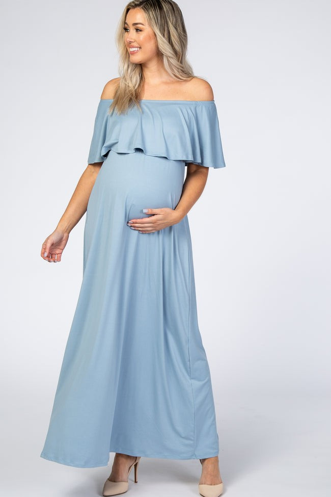 Light Blue Off Shoulder Maxi Maternity Dress | PinkBlush Maternity
