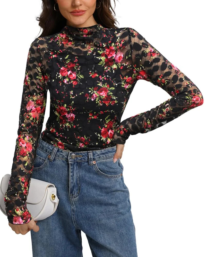 MINTREUS Lace Top with Long Sleeves Stand Collar Embroidered Floral Design Ideal for Parties and ... | Walmart (US)
