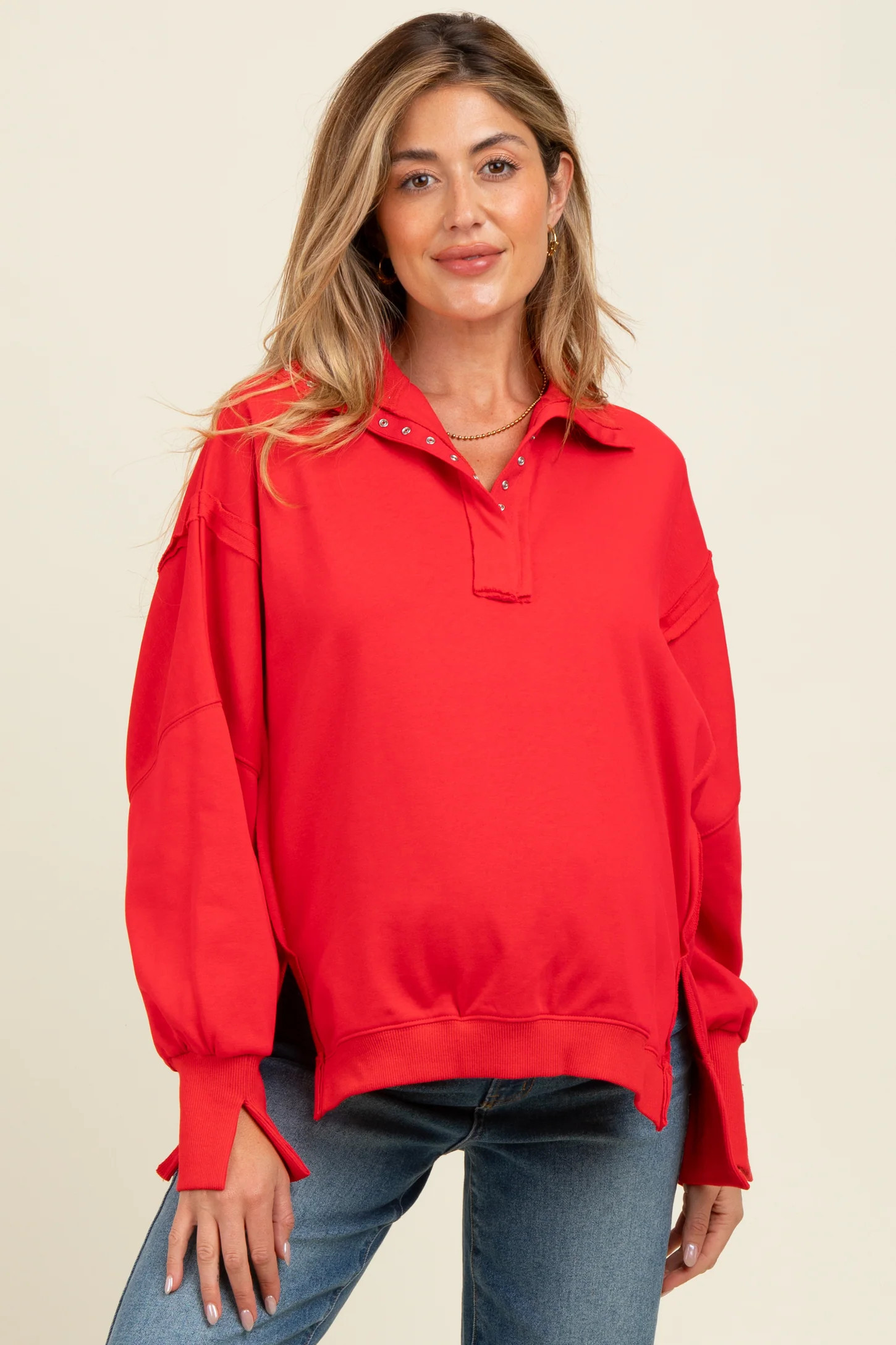 Red Snap Button Pullover Henley Maternity Sweatshirt | PinkBlush Maternity