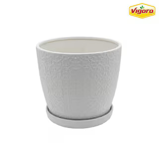 Vigoro 10 in. Chrysanthemum Medium White Textured Ceramic Pot (10 in. D x 9.3 in. H) with Attache... | The Home Depot