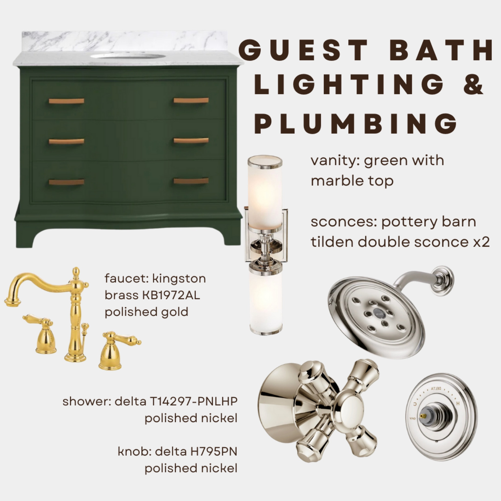 My guest bathroom is shower only, and every single guest has raved about this Delta shower head! The Delta Cassidy line is not only pretty, but it performs 😍 I love these bathroom sconces from Pottery Barn, and they light up the room. And this green vanity from Wayfair is A GEM! So much storage, super sturdy and looks beautiful! With the Kingston brass faucet, it just completes the look! 

#LTKstyletip #LTKhome