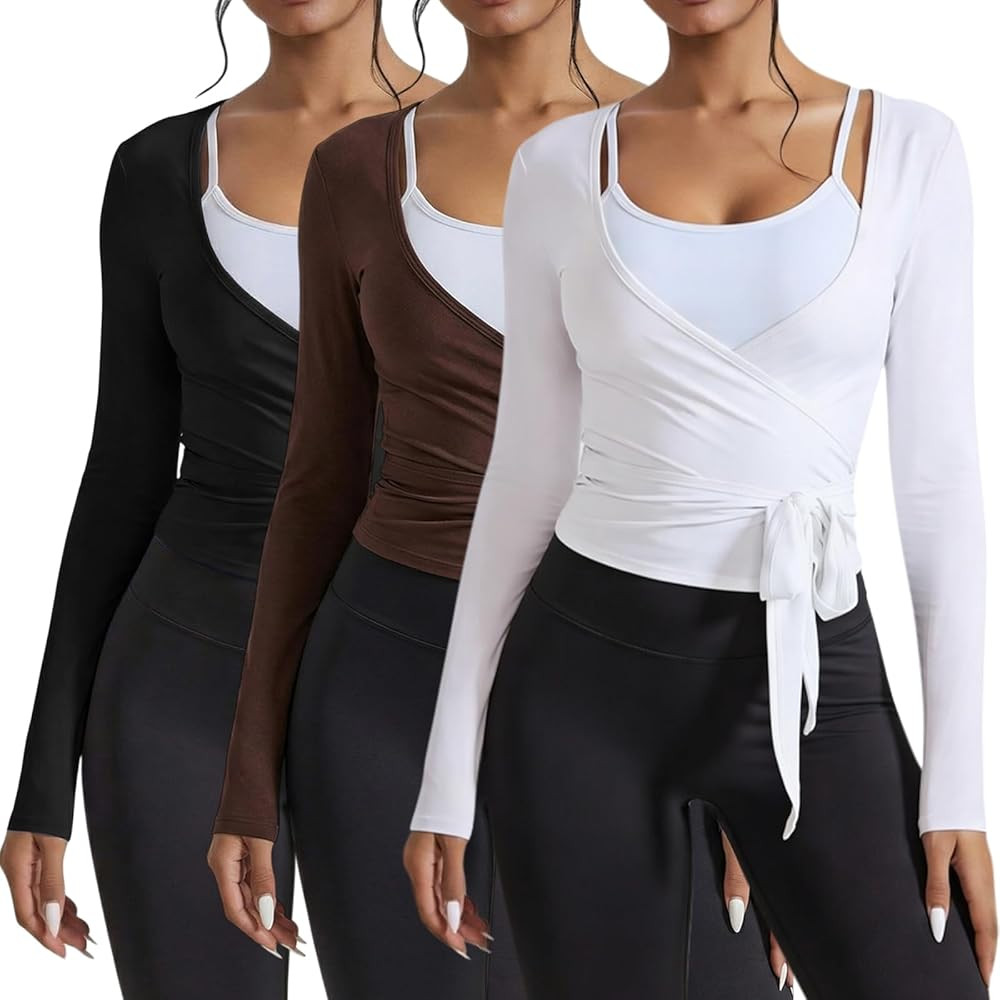 3 Pack Women Ballet Pilates Wrap Tops Y2K Workout Yoga Wrap Shirts Dance Long Sleeve Tie Front Cr... | Amazon (US)