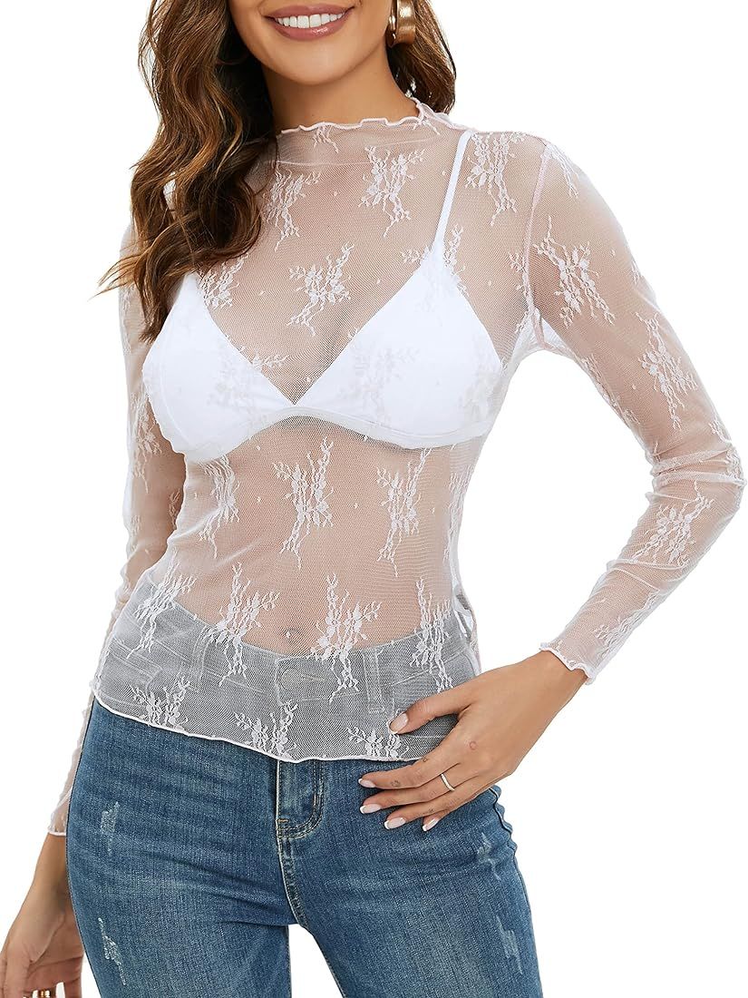 MEROKEETY Womens Mesh Sheer Long Sleeve Layering Top Mock Neck Lace Floral See Through Shirt Tops | Amazon (US)