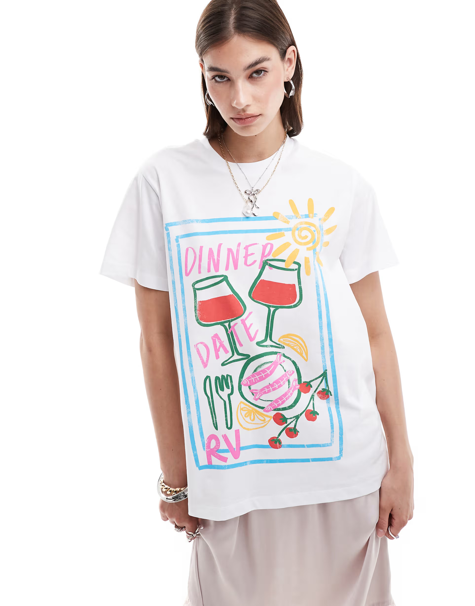 Reclaimed Vintage oversized t-shirt with dinner date print in white | ASOS (Global)