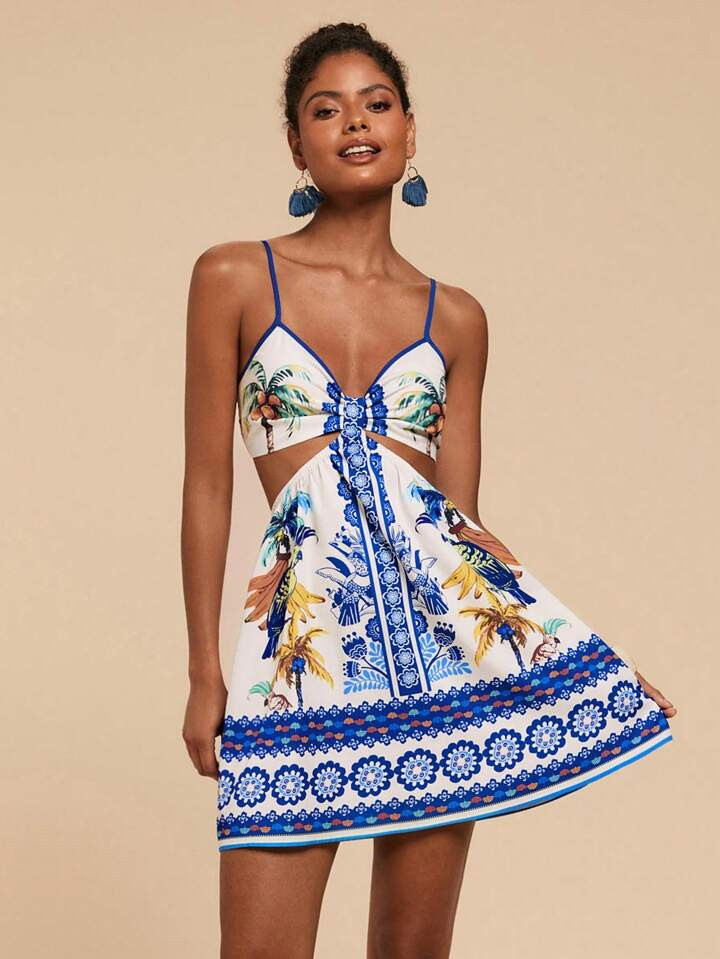 Travachic Women's Tropical Print Cutout Waist Spaghetti Strap Vacation Dress,Summer Outfits For Women,Beach Outfits For Woman,Western Wear Women,Concert Outfit Women,Boho,Tropical Vacation, Boho Dresses For Women,Tropical Dresses For Women ,Women Dresses, Vacation New Arrivals Women Dress,Vacation Outfits Women,Summer Dresses For Women | SHEIN