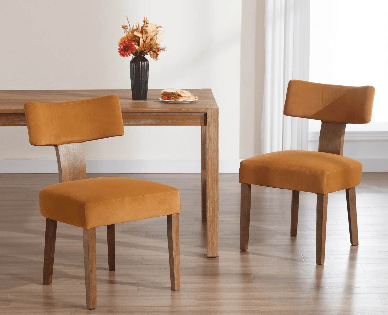 Guyou Dining Chairs Set of 2, Mid-Century Modern Linen Upholstered Kitchen Chairs with Curved Backrest, Wooden Side Chairs for Dining Kitchen Living Room Bedroom, Beige | Walmart (US)