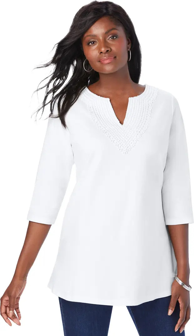 Jessica London Stretch Cotton Crochet Notch Neck Tunic | Nordstrom | Nordstrom