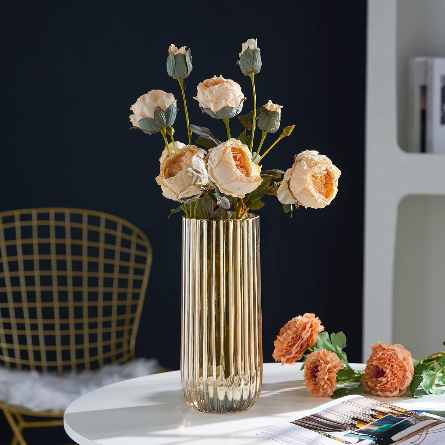 TIMEFOTO Flower Vase 9 inch Amber Glass Vase Thickened Hand Blow Round Vintage Striped Bottles fo... | Amazon (US)