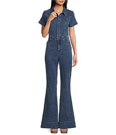 Silver Jeans Co. Fitted Cap Sleeve Flared Leg Power Stretch� Denim Jumpsuit - M | Dillard's