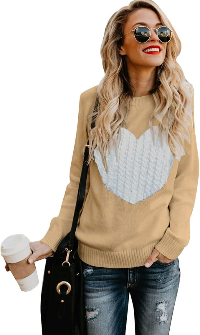Alsol Lamesa Women Sweaters Heart Front Crew Neck Long Sleeve Knitted Pullover Sweater | Amazon (US)