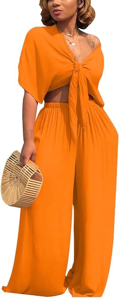 Aro Lora Women's 2 Piece Jumpsuit Ruched Sleeveless Crop Top Ruffle Wide Leg Pant Set Romper Outf... | Amazon (US)