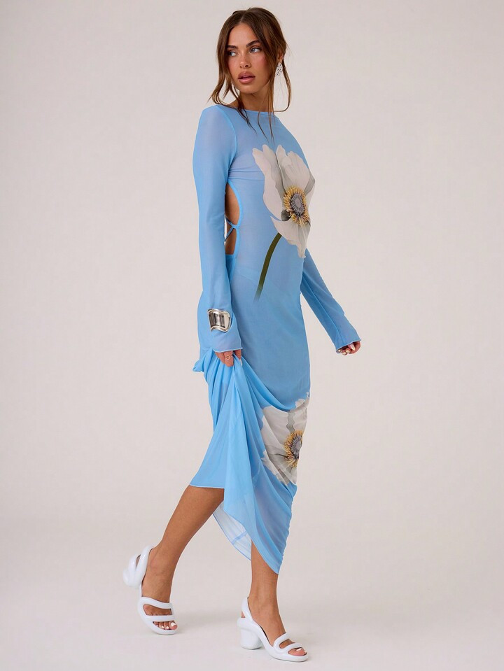 MUSERA Mesh Floral Printed Backless Maxi Dress | SHEIN