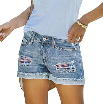 Magritta Denim Shorts for Women Mid Waisted Folded Hem Ripped Jean Shorts | Amazon (US)